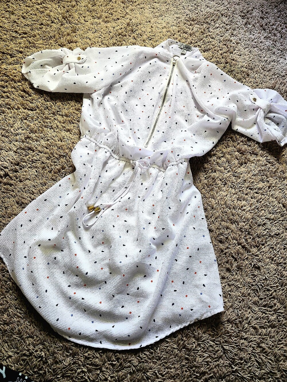 Girls' White Dot-Print Drawstring Waist Dress